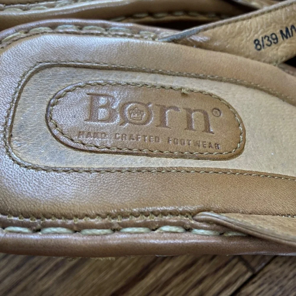Born Wedge Sandal Womens 8 Tan Brown Leather Slip On 3 inch Heel Slide B8430